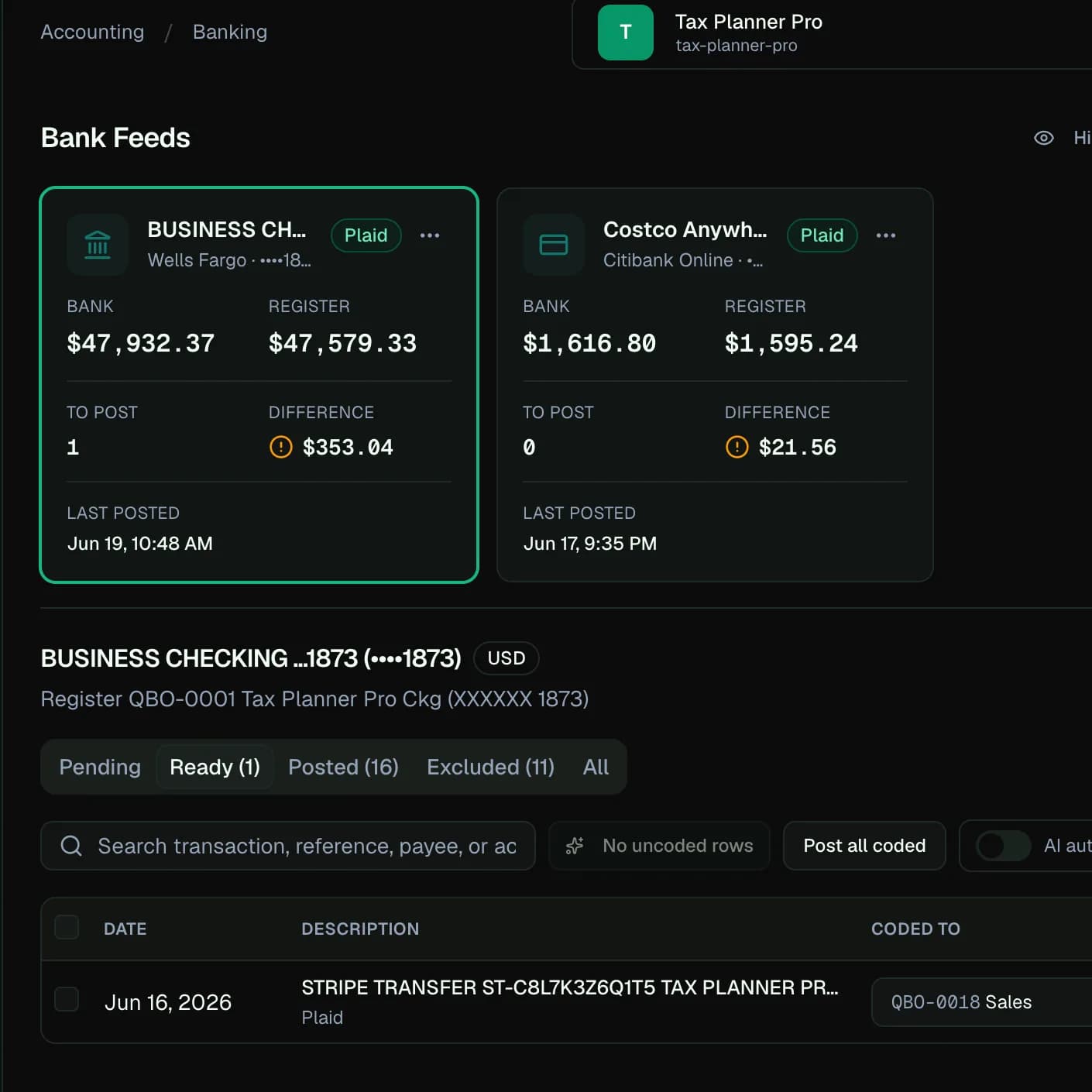 LedgerHQ Bank Feeds workspace with bank accounts and reviewable transaction activity