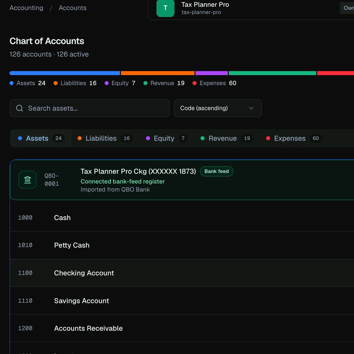 LedgerHQ Chart of Accounts with account types and account rows